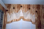 Banded, tie top valance, custom window treatments and drapery