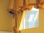 Silk with ribbon trim, valance, tieback, custom window treatments and drapery