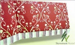 Bay window awning with contrast flap, custom window treatments and drapery